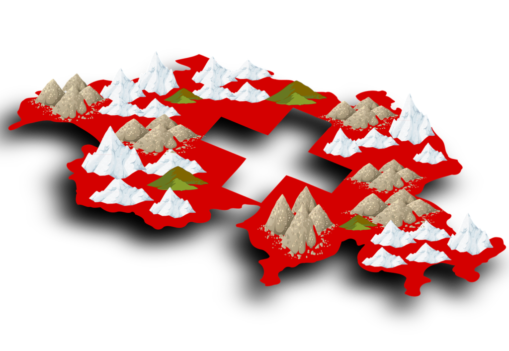 Illustrazione di montagne, ghiacciai e bandiera svizzera