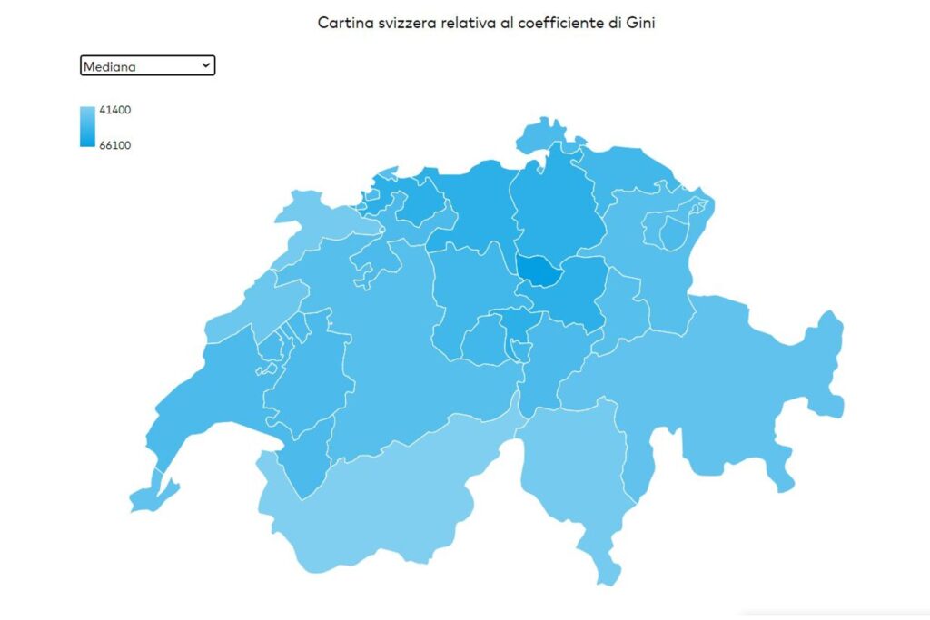 Cartina svizzera relativa al coefficiente di Gini (mediana)
