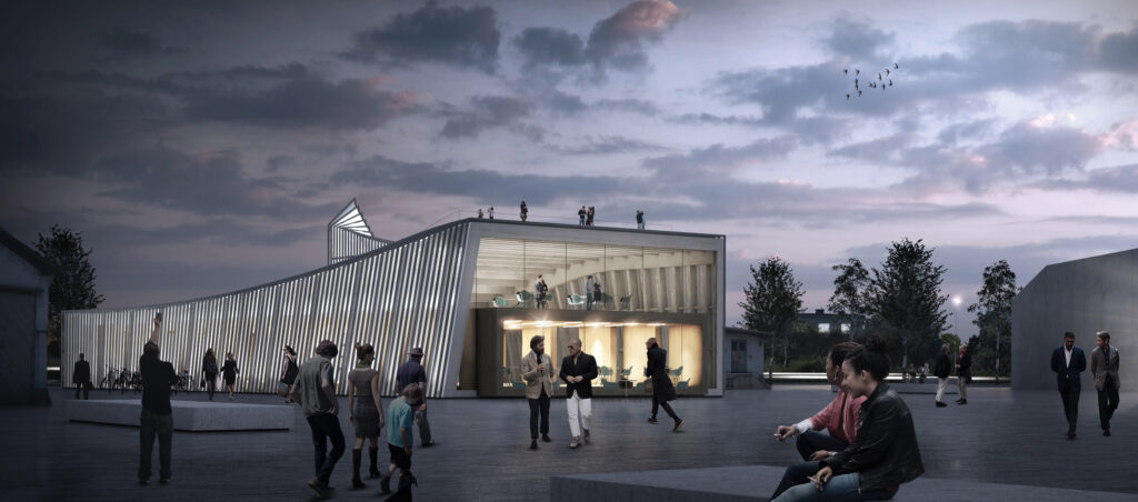 Il rendering notturno del padiglione dello Switzerland Innovation Park Zurich