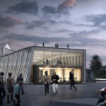 Il rendering notturno del padiglione dello Switzerland Innovation Park Zurich