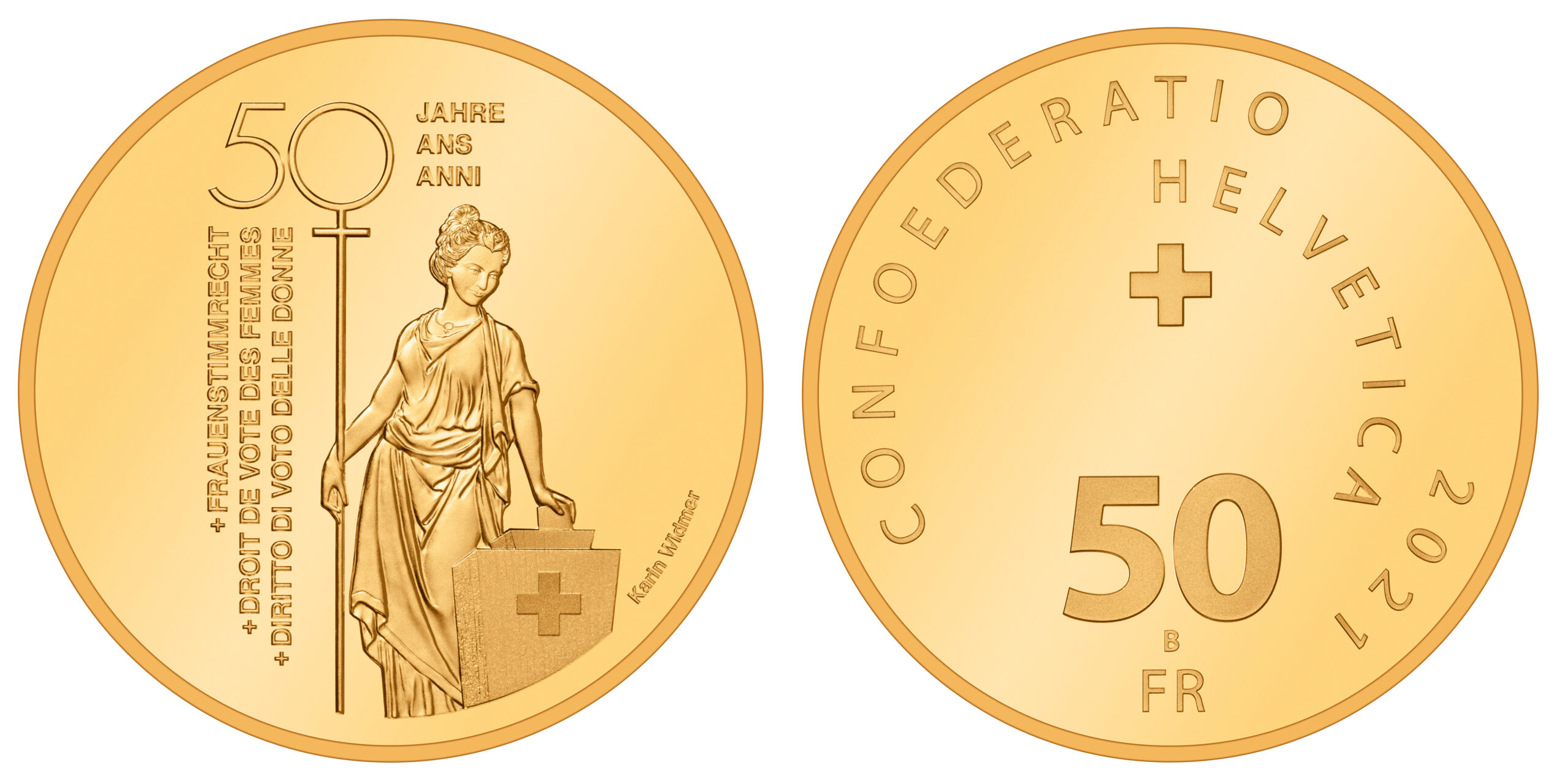 La moneta d'oro da 50 franchi per celebrare mezzo secolo di suffragio femminile in Svizzera