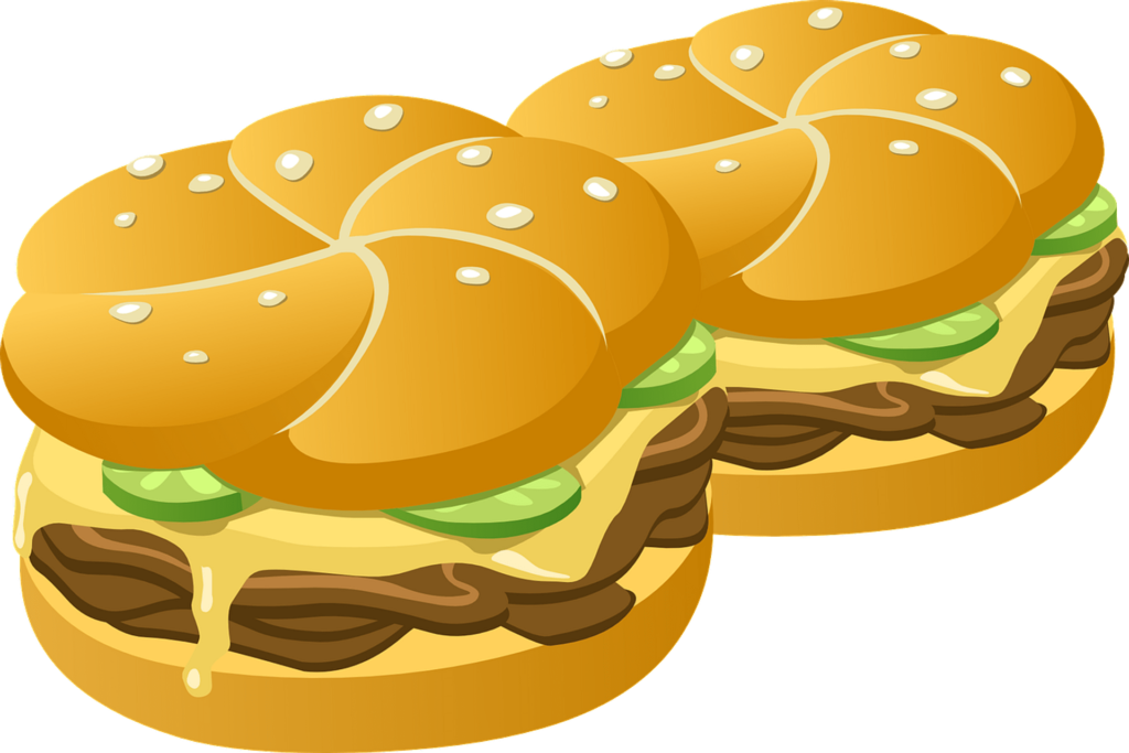 Due hamburger stilizzati grondanti formaggio, cetrioli e carne