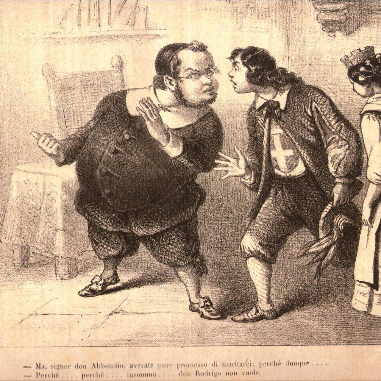La situazione pre-unitaria vista dalla satira ottocentesca, attraverso “I Promessi Sposi” di Alessandro Manzoni: Napoleone III è, nascosto, nei panni di Don Rodrigo, Don Abbondio è Cavour e Renzo Tramaglino il Piemonte, dotato di stemma sabaudo, ansioso di maritarsi con una Lucia Mondella che incarna l’Italia turrita.