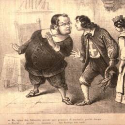 La situazione pre-unitaria vista dalla satira ottocentesca, attraverso “I Promessi Sposi” di Alessandro Manzoni: Napoleone III è, nascosto, nei panni di Don Rodrigo, Don Abbondio è Cavour e Renzo Tramaglino il Piemonte, dotato di stemma sabaudo, ansioso di maritarsi con una Lucia Mondella che incarna l’Italia turrita.