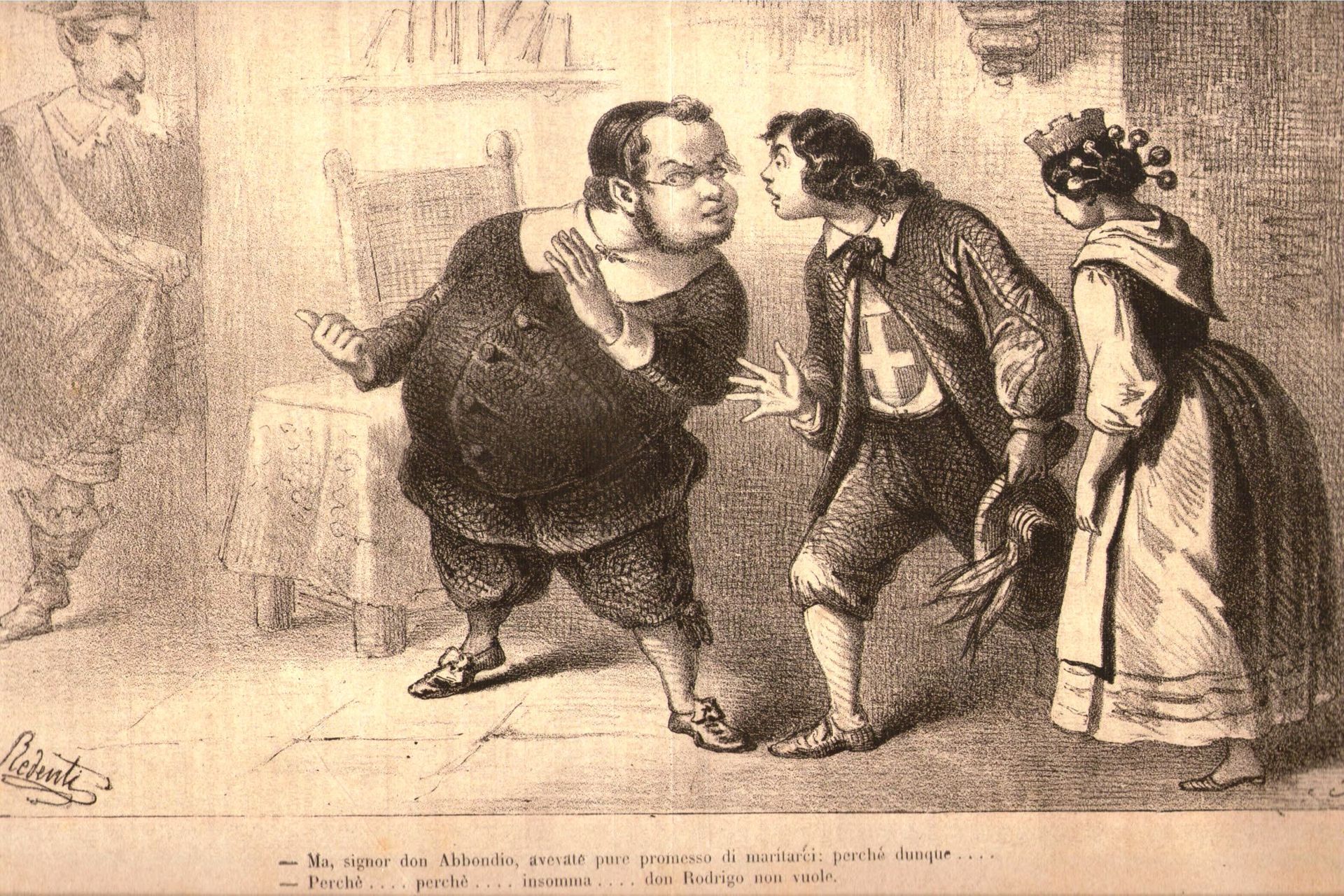 La situazione pre-unitaria vista dalla satira ottocentesca, attraverso “I Promessi Sposi” di Alessandro Manzoni: Napoleone III è, nascosto, nei panni di Don Rodrigo, Don Abbondio è Cavour e Renzo Tramaglino il Piemonte, dotato di stemma sabaudo, ansioso di maritarsi con una Lucia Mondella che incarna l’Italia turrita.