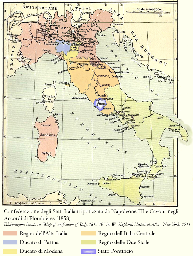 La Confederazione di Stati Italiani ipotizzata da Napoleone III, Imperatore dei Francesi, e Camillo Benso di Cavour, Primo Ministro del Regno di Sardegna, negli Accordi di Plombierès del 1858