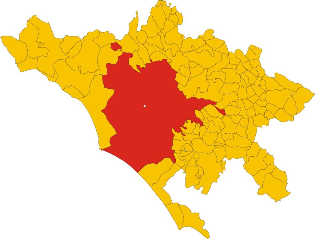 L'Area metropolitana di Roma (in giallo), il Comune di Roma (in rosso) e la Città del Vaticano (in bianco)