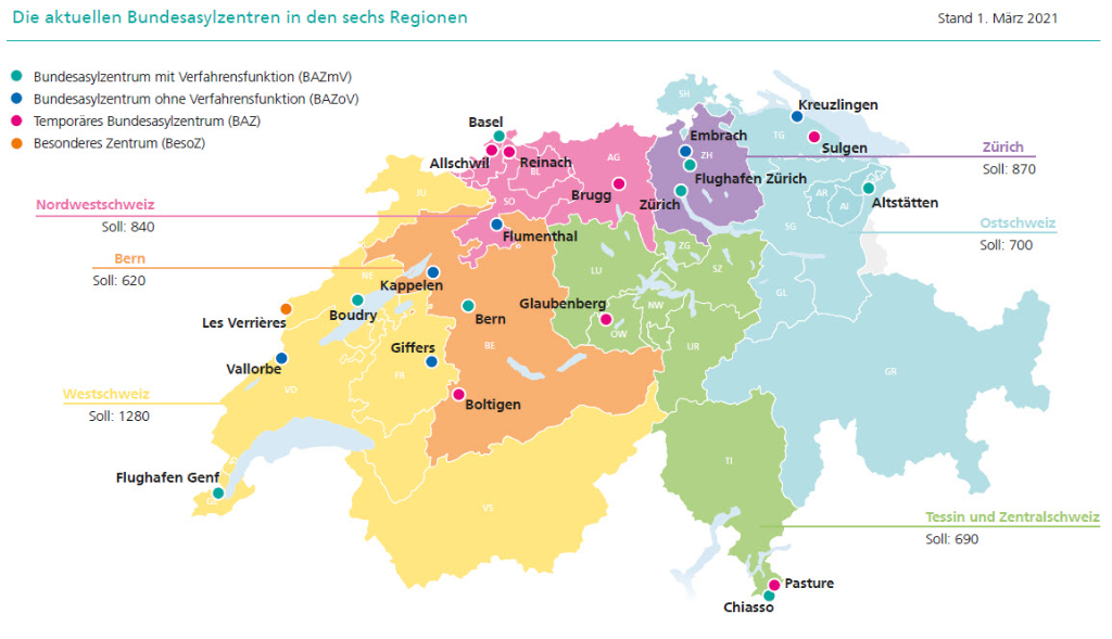 La mappa dei Centri Federali d'Asilo in Svizzera (in lingua tedesca)