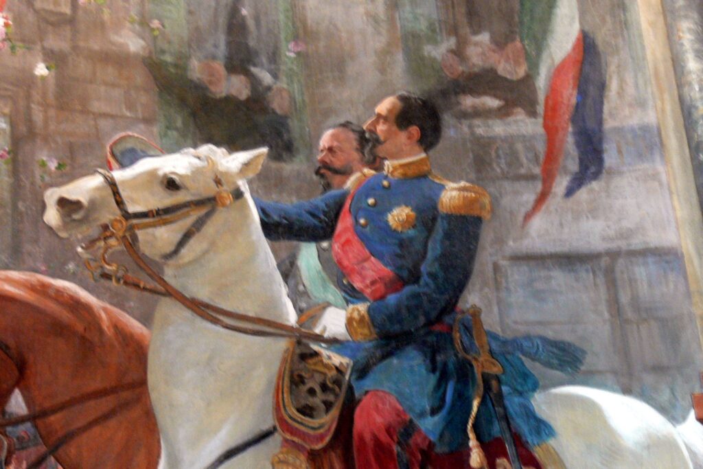 L’ingresso a cavallo di Napoleone III, Imperatore dei Francesi, e di Vittorio Emanuele II di Savoia, Re di Sardegna, nella ex città austriaca di Milano l’8 giugno del 1859 (Affresco: Wolfgang Sauber)