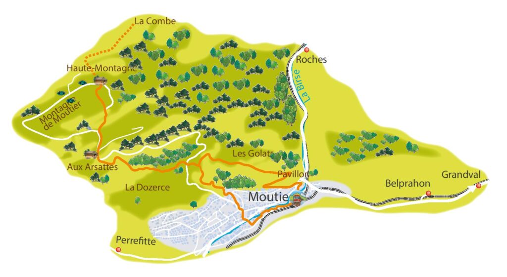 Una mappa della collina che circonda l'area urbana di Moutier