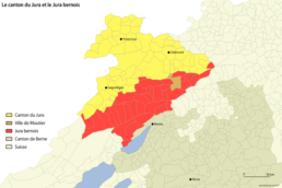 Una mappa della questione giurassiana con Moutier in colore marrone