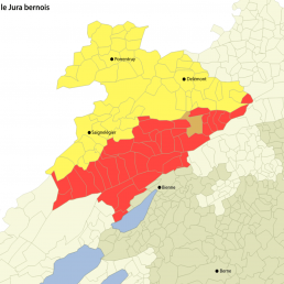 Una mappa della questione giurassiana con Moutier in colore marrone