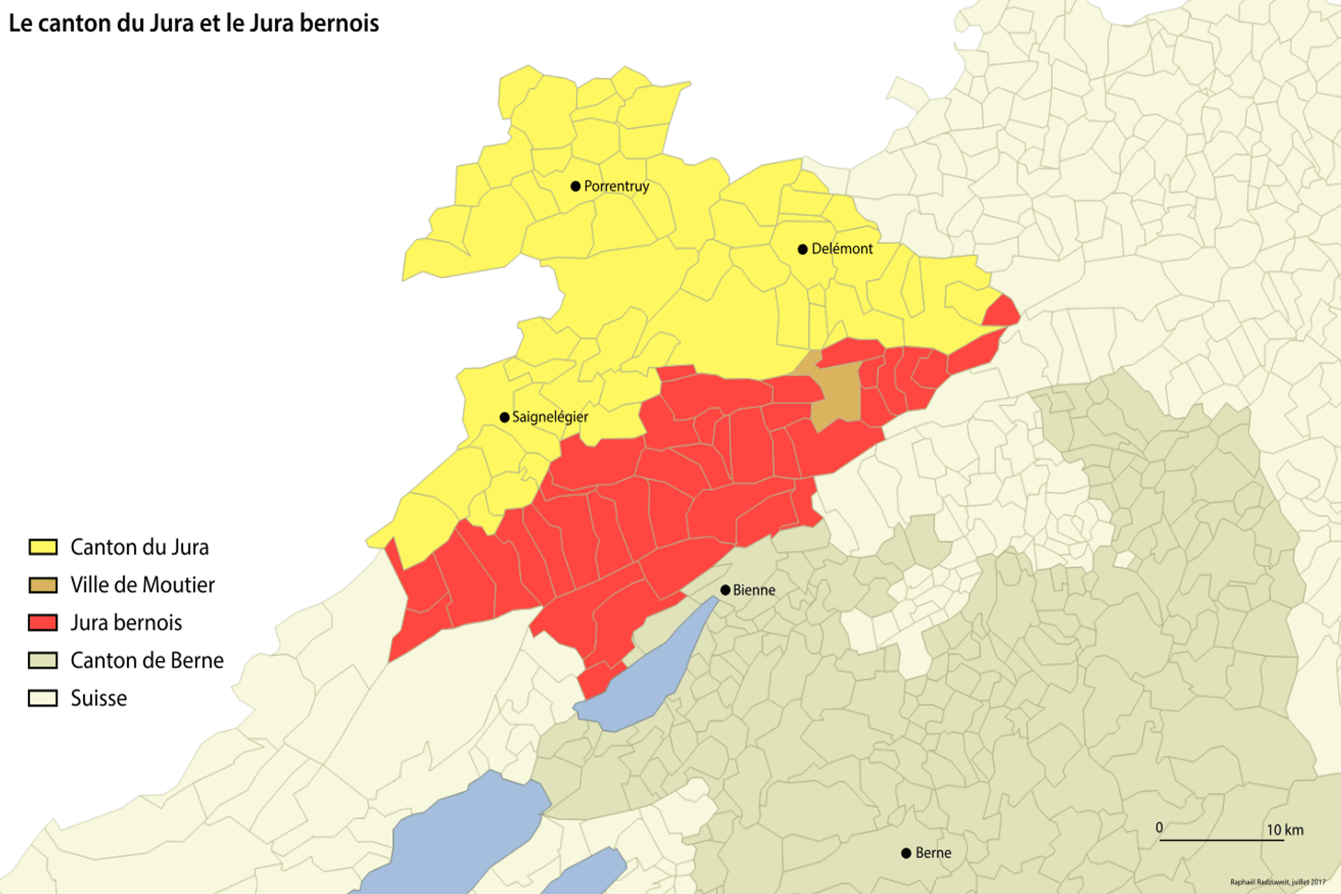 Una mappa della questione giurassiana con Moutier in colore marrone