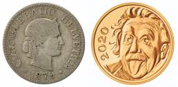 Il fronte dei 10 centesimi di franco invariati dal 1879 e il fronte del quarto di franco del 2020 dedicato ad Albert Einstein