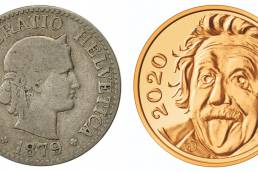 Il fronte dei 10 centesimi di franco invariati dal 1879 e il fronte del quarto di franco del 2020 dedicato ad Albert Einstein
