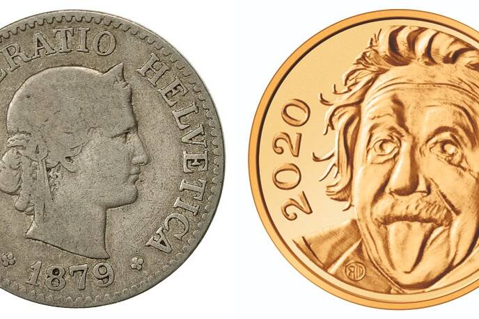 Il fronte dei 10 centesimi di franco invariati dal 1879 e il fronte del quarto di franco del 2020 dedicato ad Albert Einstein