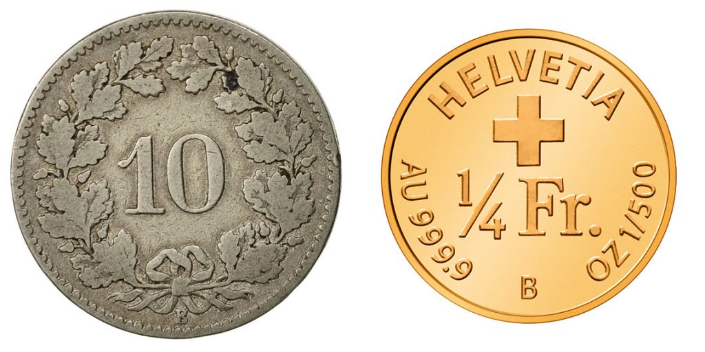Il retro dei 10 centesimi di franco invariati dal 1879 e il retro del quarto di franco del 2020 dedicato ad Albert Einstein