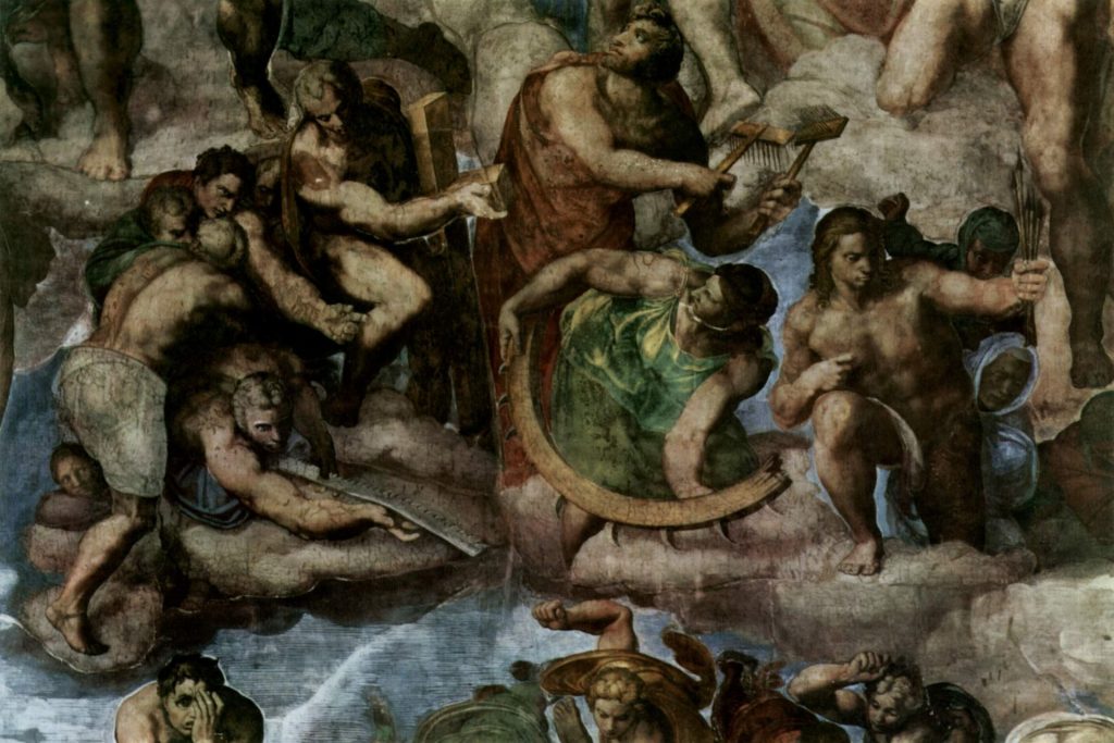 Un dettaglio del “Giudizio Universale” di Michelangelo San Biagio, che tiene in mano i pettini di ferro del suo martirio, e il corpo di Santa Caterina d'Alessandria, che regg