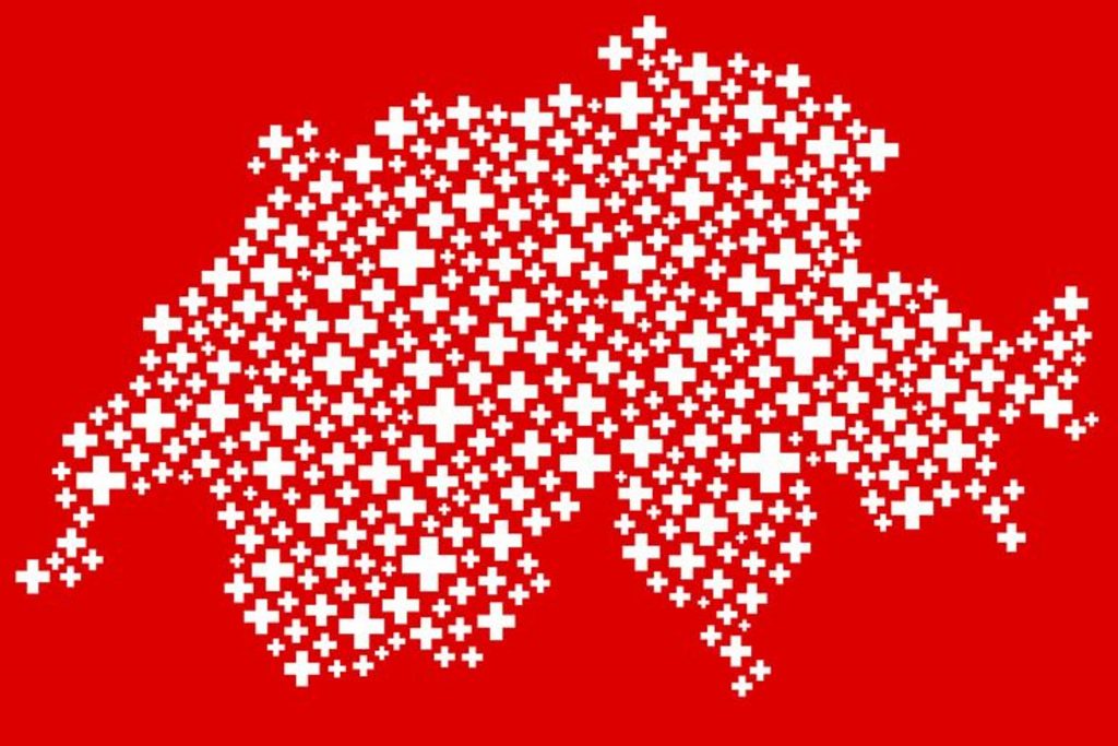 Una cartina della Svizzera punteggiata di bandiere