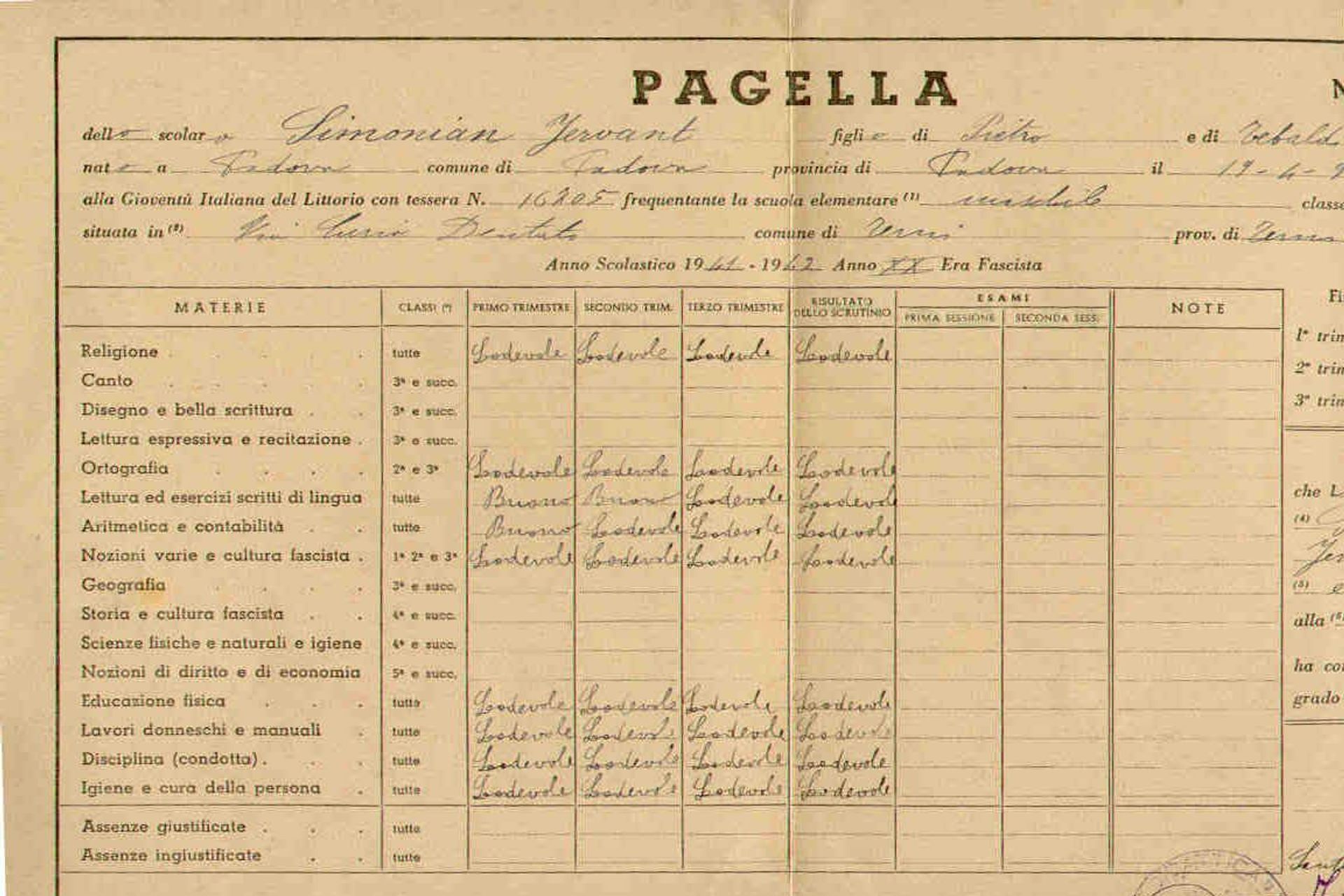 Una pagella scolastica italiana d'altri tempi e chiarissima