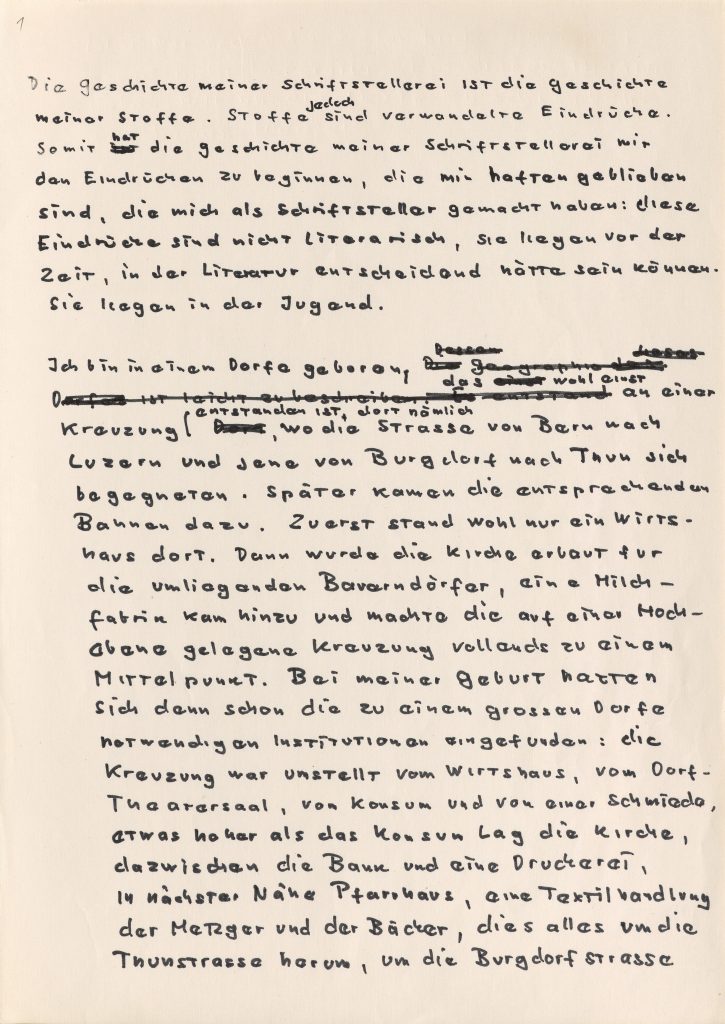 Friedrich Dürrenmatt: pagina di un manoscritto di “Das Stoffe-Projekt”, Archivio svizzero di letteratura, lascito Friedrich Dürrenmatt (Fotografia: Fabian Scherler/Simon Schmid (BN))
