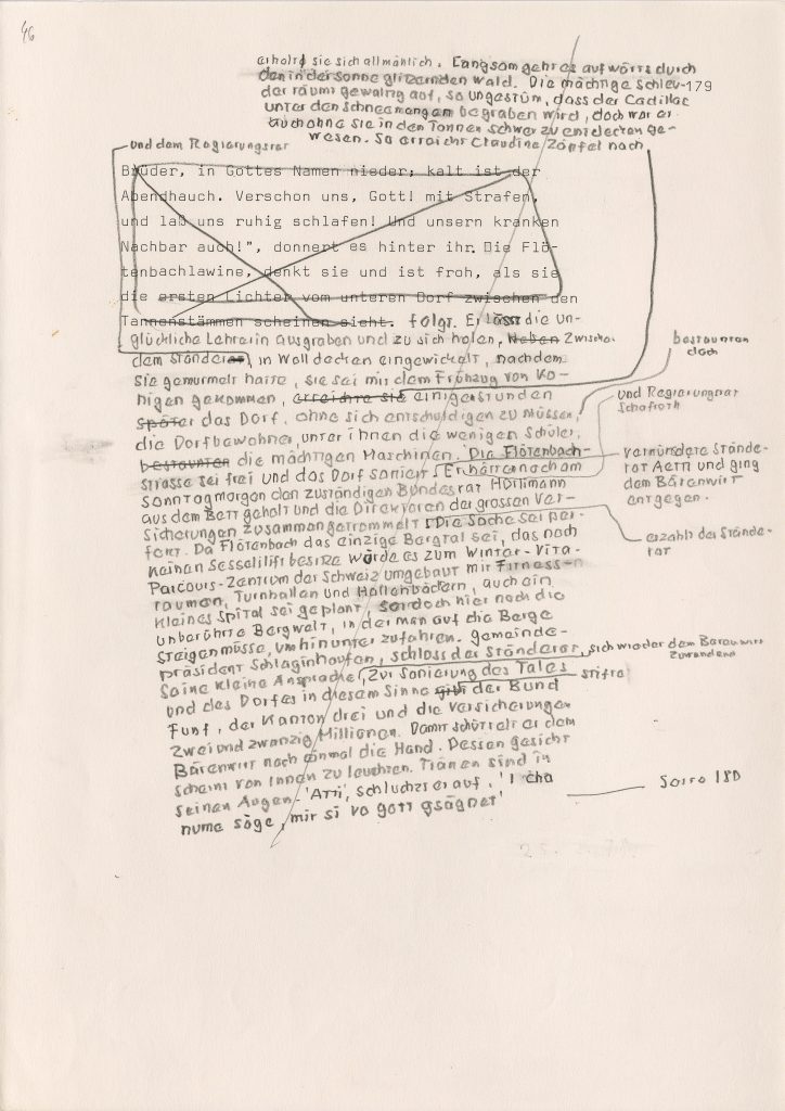 Friedrich Dürrenmatt: pagina di un manoscritto di “Das Stoffe-Projekt”, Archivio svizzero di letteratura, lascito Friedrich Dürrenmatt (Fotografia: Fabian Scherler/Simon Schmid (BN))