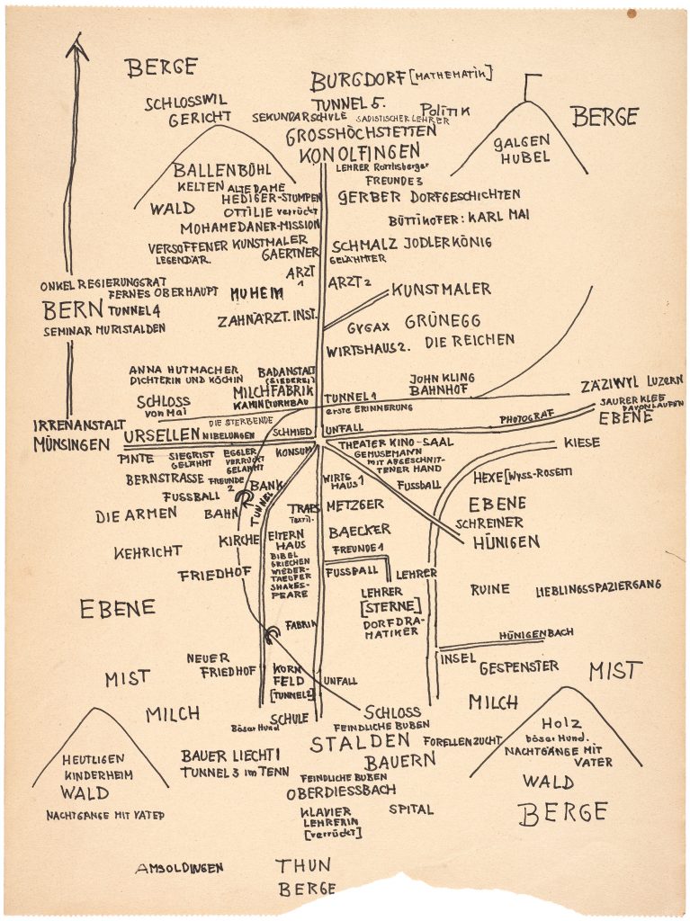 Friedrich Dürrenmatt: mappa di Konolfingen in “Das Stoffe -Projekt”, Archivio svizzero di letteratura, lascito Friedrich Dürrenmatt (Fotografia: Fabian Scherler (BN))