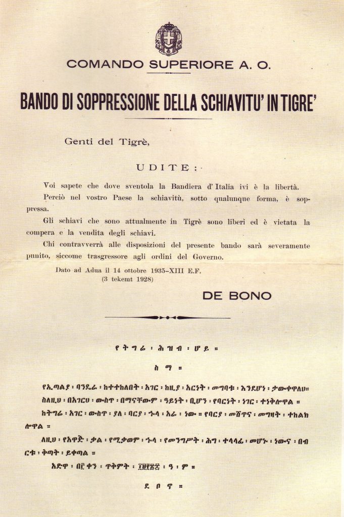 Bando contro lo schiavismo in Tigrè adottato dal Regno d'Italia