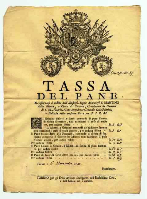 Disposizioni della tassa sul pane nel Regno di Sardegna del 5 novembre 1770