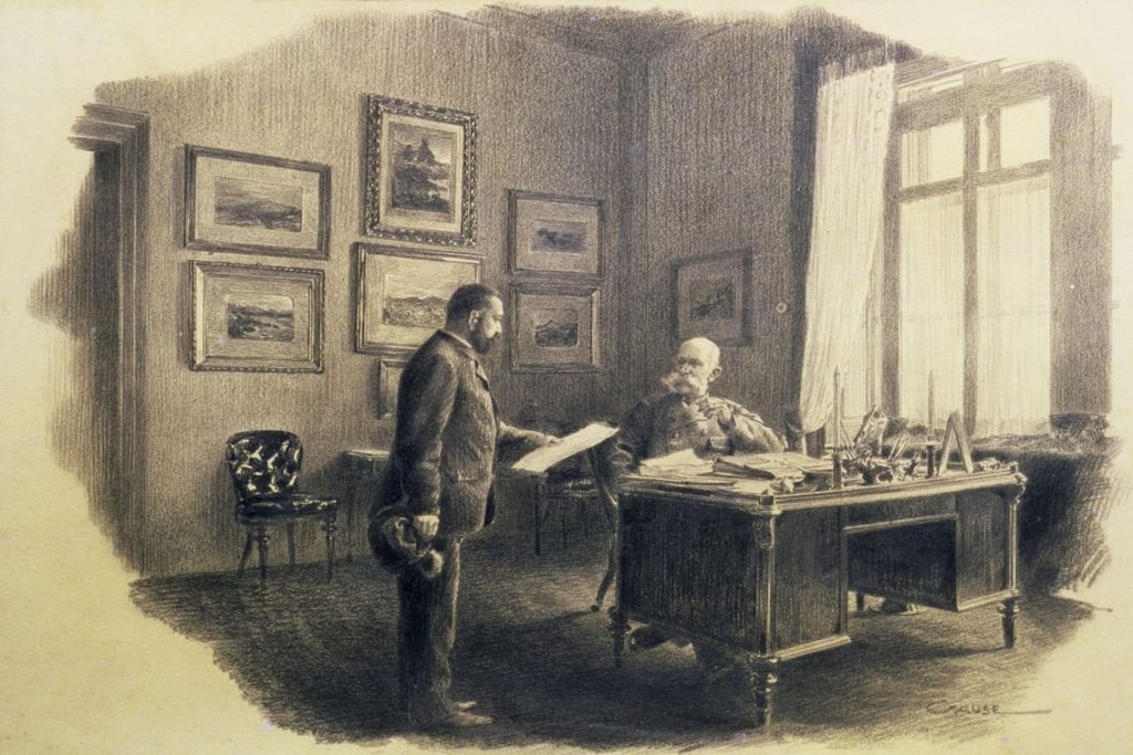 In un disegno a matita di Wilhelm Gause, l'imperatore d'Austria Francesco Giuseppe alla scrivania nel momento di ricevimento di un dispaccio