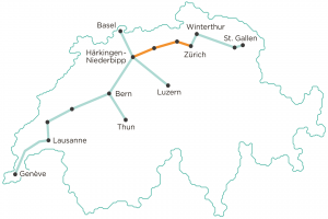 Infografica completa dei collegamenti di Cargo Sous Terrain in Svizzera, con il tratto iniziale fra Härkingen-Niederbipp e Zurigo in colore arancione