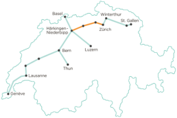 Infografica completa dei collegamenti di Cargo Sous Terrain in Svizzera, con il tratto iniziale fra Härkingen-Niederbipp e Zurigo in colore arancione