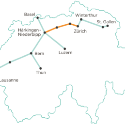 Infografica completa dei collegamenti di Cargo Sous Terrain in Svizzera, con il tratto iniziale fra Härkingen-Niederbipp e Zurigo in colore arancione