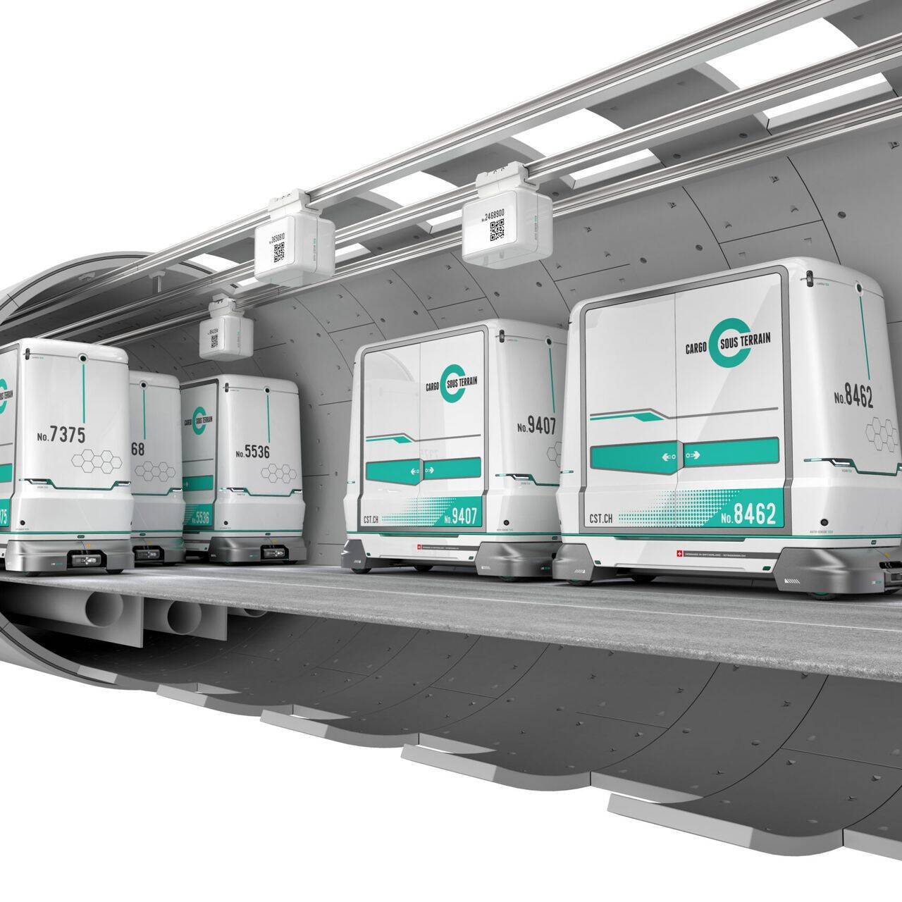 Infografica della sezione verticale di uno dei tunnel di collegamento di Cargo Sous Terrain in Svizzera
