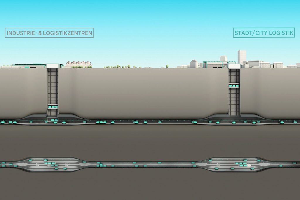 Simulazione in 3D dell'ascensore verticale di carico e del tunnel orizzontale di movimentazione delle merci del Cargo Sous Terrain