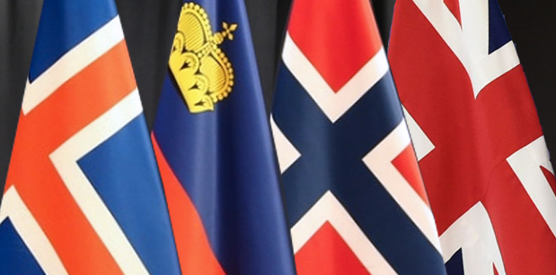 Le bandiere di Islanda, Liechtenstein e Norvegia seguite da quella del Regno Unito, quest’ultimo protagonista di un accordo commerciale con l’Associazione Europea di Libero Scambio (EFTA)