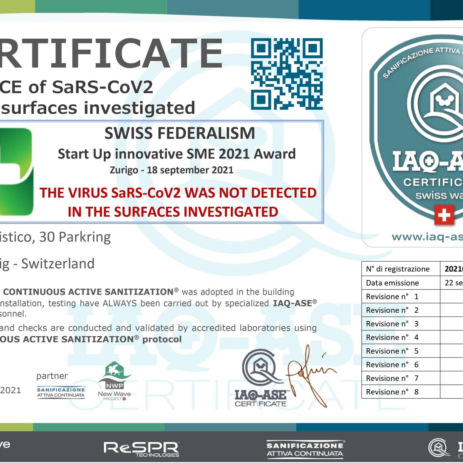 Start Up Innovatice SME 2021 Award - Certificate Absence COVID