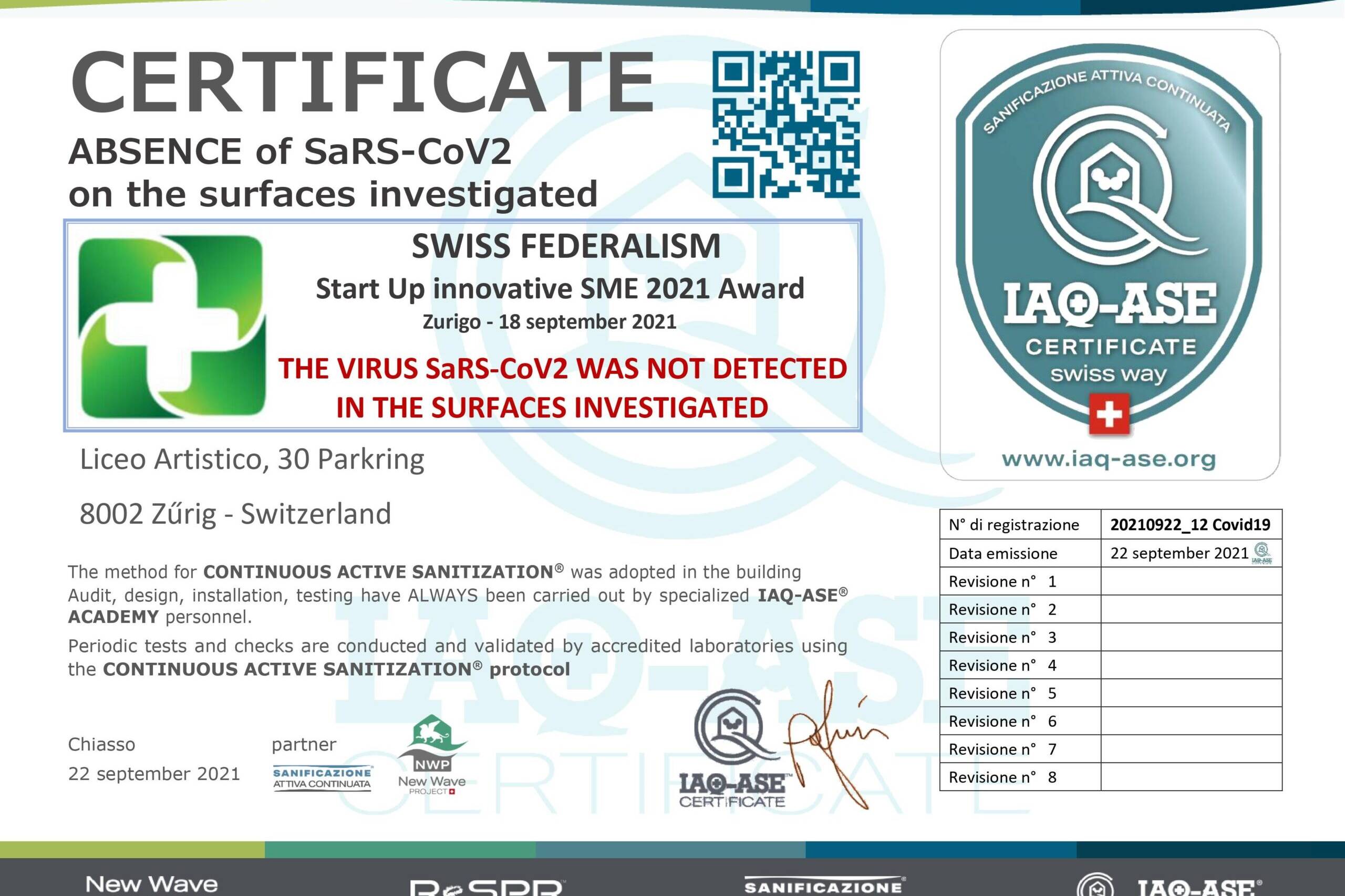 Start Up Innovatice SME 2021 Award - Certificate Absence COVID