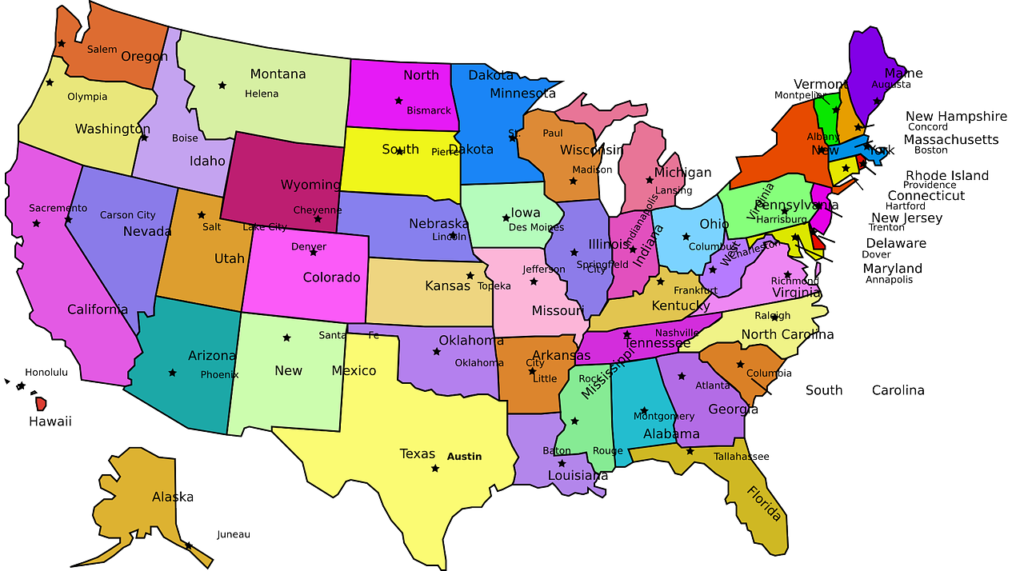 Mappa degli Stati che compongono gli Stati Uniti d'America