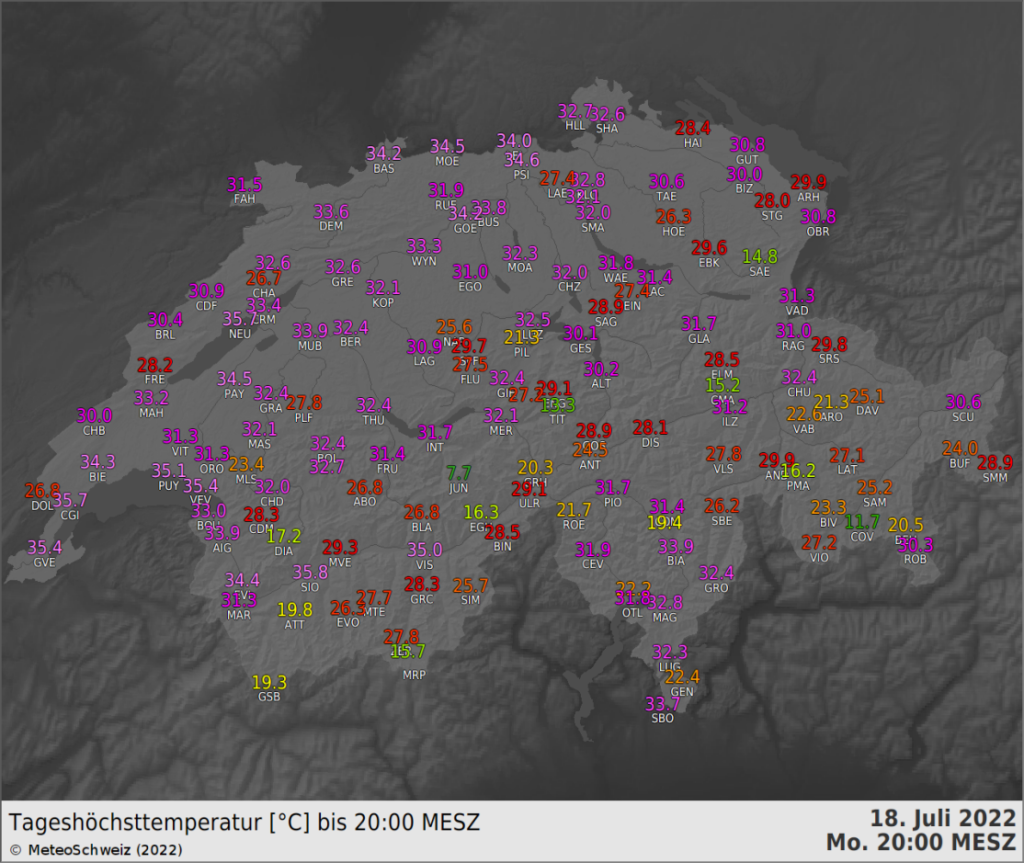 Temperature massime registrate il 18.07.22 ©MeteoSvizzera