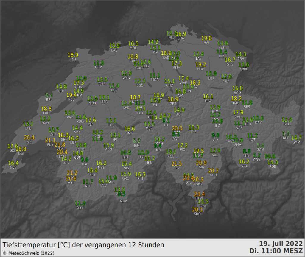 Temperature minime registrate il 19.07.22 ©MeteoSvizzera 