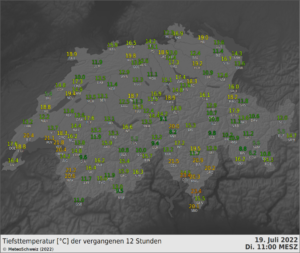 Temperature minime registrate il 19.07.22 @MeteoSvizzera