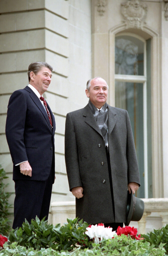 President Ronald Reagan Greeting Mikhail Gorbachev at Villa Fleur D'Eau During Their First Meeting a The Geneval Summit @ Series: Reagan White House Photographs, 1/20/1981 - 1/20/1989
