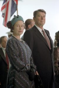 3/1/1983 President Reagan Queen Elizabeth II during Arrival Ceremony for Queen Elizabeth II of United Kingdom at Santa Barbara airport in Santa Barbara California