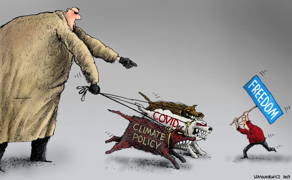 Cartoon lampooning political fearmongering Being depressed by climate, diseases, war and radicalism is not a solution: it is time to defend freedom. © GIS