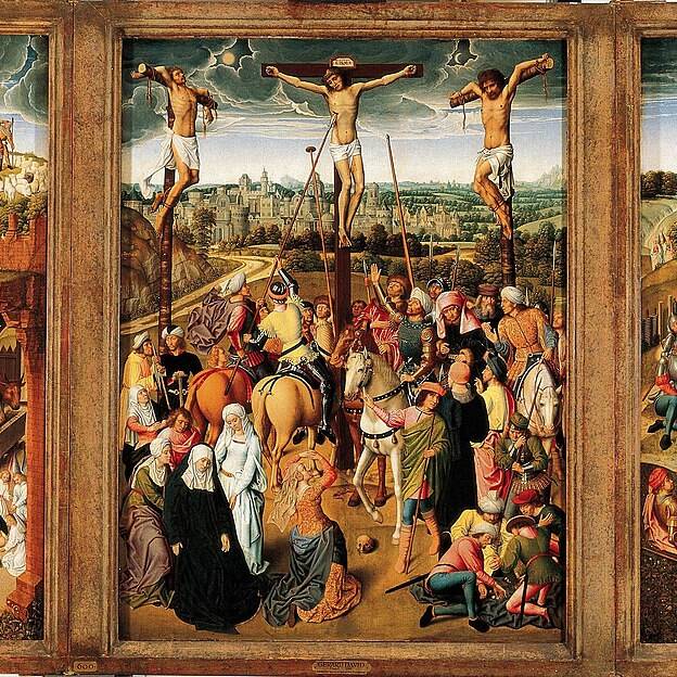 Birth,Crucifixion,and Resurrection of Christ Image by Follower of Hans Memling, Public domain, via Wikimedia Commons