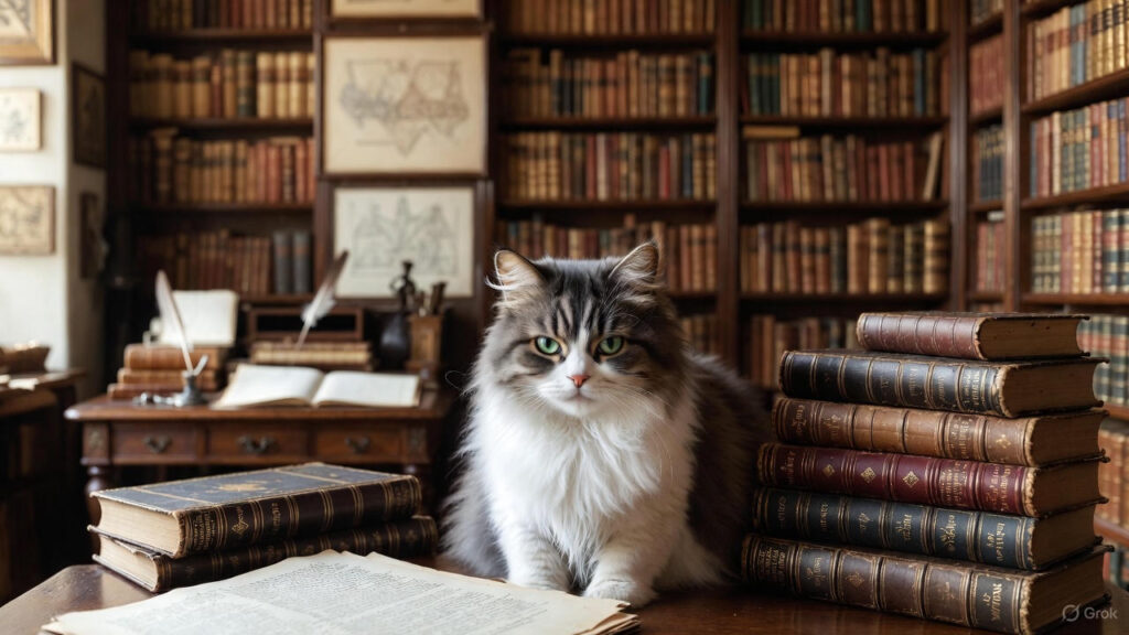 Cat in a library Image by Grok