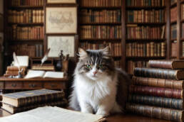 Cat in a library Image by Grok