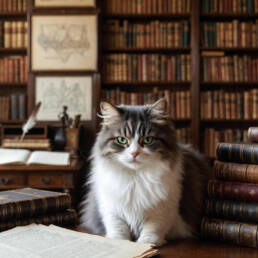 Cat in a library Image by Grok