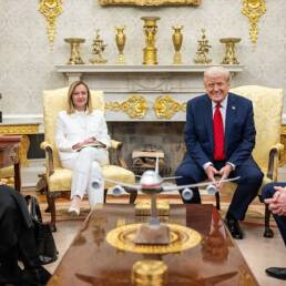 President Donald Trump holds a bilateral meeting with Prime Minister Giorgia Meloni of Italy in the Oval Office. Official White House Photo. Image by The White House, Public domain, via Wikimedia Commons.